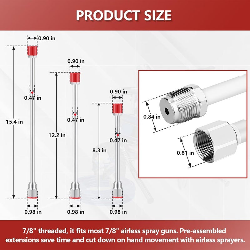 KUEDPEZ 3 Packs 8/12/15 inch Airless Paint Sprayer Extension Pole with Red Guard | Universal | 7/8" Thread, Fit for Graco, Wagner & Titan Sprayers, Durable Multi-Size Painting Extension Wands Kit - Image 3